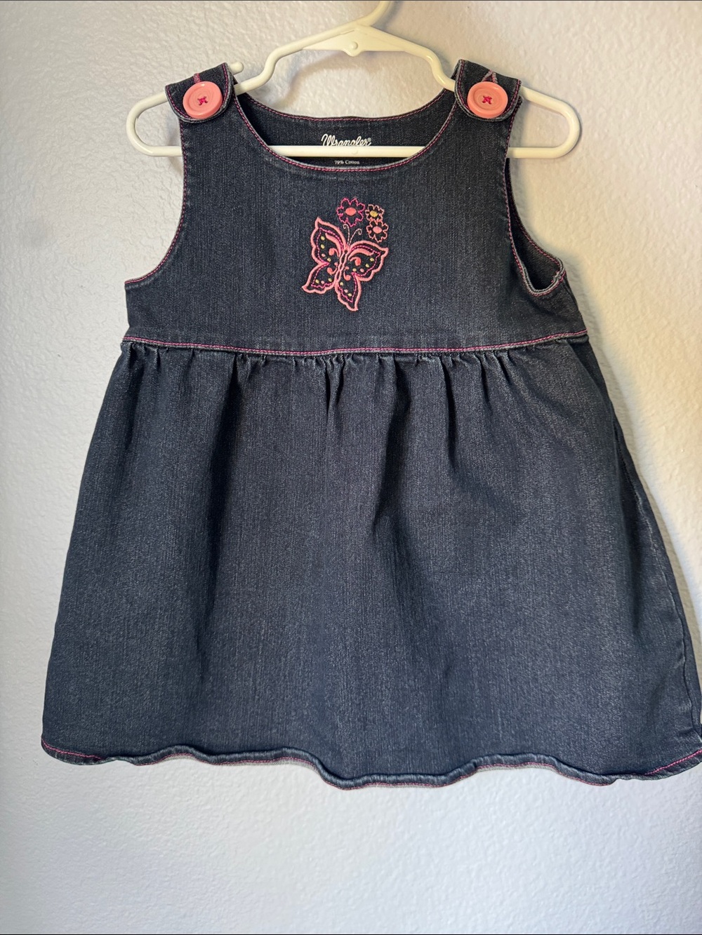Wrangler Dark Denim Pinafore Dress with Pink Accents